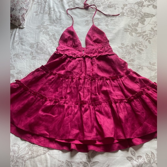 NWT Cami NYC Doris Pink Linen Tiered Babydoll Mini Dress Raspberry Small Fairy - Picture 4 of 12